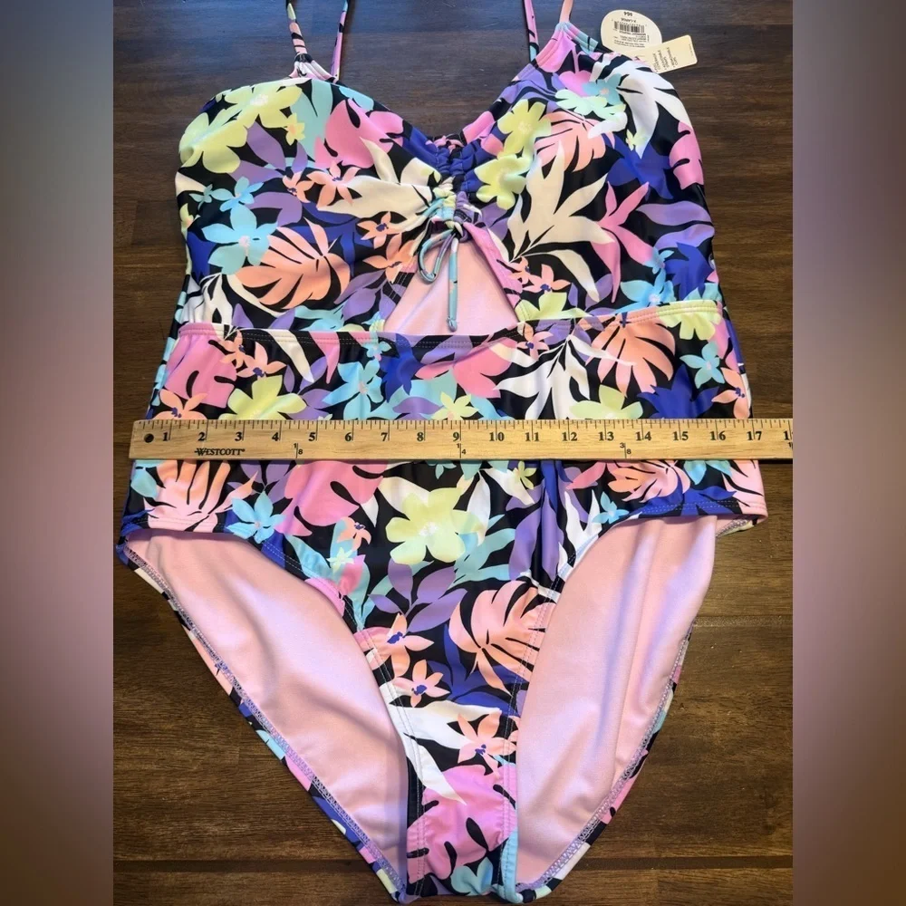 Decree Women’s Floral Cut Out Full Coverage Adjustable One Piece Swimsuit SZ XL